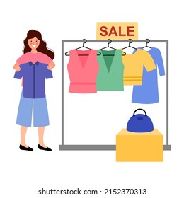 Woman selling clothes at flea market in flat design on white background.