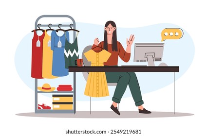 Mujer vendiendo ropa en línea. Muchacha joven con el vestido amarillo usando el ordenador portátil. Comercio Electrónica y marketing. Comercio minorista y marketing. Ilustración vectorial plana aislada sobre fondo blanco