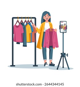 Woman selling clothes while streaming, cartoon vector. Suitable for business