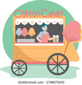 A woman selling cotton candy at cotton candy hawker while keep using medical mask