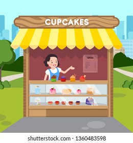 Woman Selling Cupcakes Flat Vector Illustration. Brunette Confectioner behind Counter Cartoon Character. Confectionery Store, Cakes Sale, Sweets Menu. Small Baking Business, Female Entrepreneur