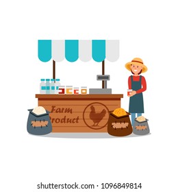 Woman selling different farm products grain, fresh milk, honey or jam. Local farmers market. Flat vector design