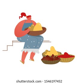 Woman Selling Fresh Exotic Food Spice and Colorful Tika Powders on Asian Indian Seasoning Market. Grocery Ingredients for Cooking Traditional Meals and Holi Festival. Cartoon Flat Vector Illustration