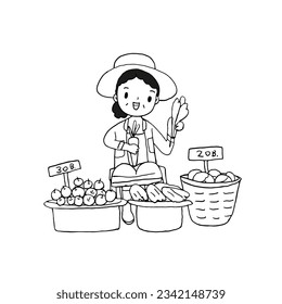 woman selling fruits and vegetables at market, outline drawing style vector