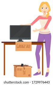 Woman selling goods, garage sale, tv plasma on table and remote in cardboard box. Seller retail unnecessary objects, electronic symbol, advertising vector