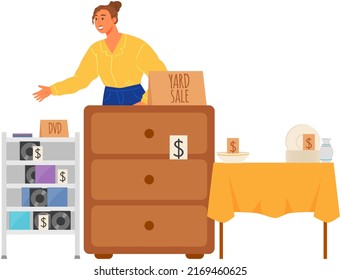 Woman selling goods at second hand shop or flea market. Garage and street sale, concept. Lady sells unnecessary things and items vector illustration. Yard sale with old vintage goods, crockery