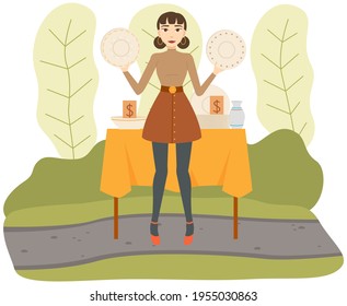 Woman is selling her plates at garage sale. Event for sale of used things vector illustration