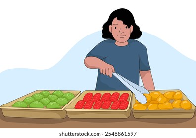 A woman is selling Indonesian traditional snacks at the market illustration