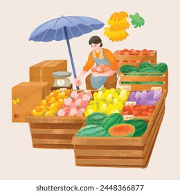 A Woman Selling Many Fruits at her fruit stall with price tag