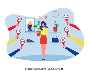 Woman Selling offer bid or Auction business concept,  Vector Illustration.