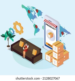Woman selling products worldwide from home isometric 3d vector concept for banner, website, illustration, landing page, flyer, etc.