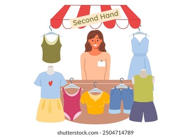 Woman selling second hand shop smiles and looks at screen, urging to buy cheap clothes. Girl owner of second hand or garage sale with already used t-shirts and shorts, with good discount on purchase