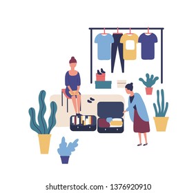 Woman selling stylish vintage clothes at garage sale. Cute funny female seller and customer at summer outdoor fashion festival, flea market or rag fair. Flat colorful cartoon vector illustration.