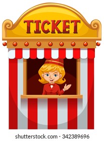 Woman selling ticket at the booth illustration