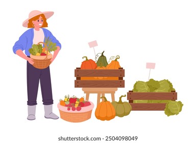 Woman selling vegetables. Female farmer sells harvest crops at farmers market flat vector illustration. Farm market scene