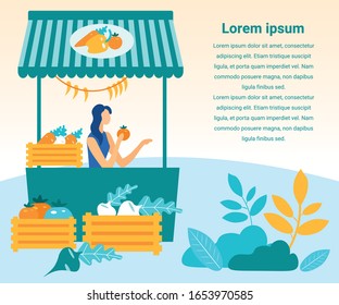 Woman Sells Farm Vegetables. Fresh Vegetables in Wooden Crates. Vector Illustration. People on Market. Natural Products. Farm Products. Farm Business. Sell Products in Market. Products on Counter.