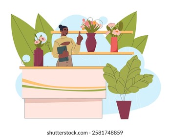 Woman sells flowers. Florist at workplace. Young girl selling bouquets from bloom and blossom plants. Romantic gift and present. Botany and gardening. Flat vector illustration