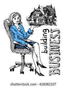 Woman sells house. Hand drawn vector sketch. Building business.