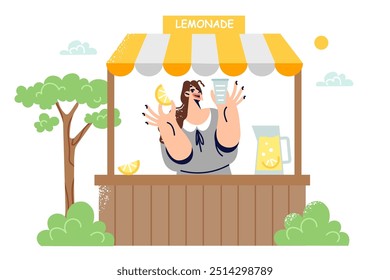 Woman sells lemonade at street stall, demonstrating refreshing drink made from citrus fruits to quench thirst. Delicious hand-made lemonade from young girl seller standing in summer park