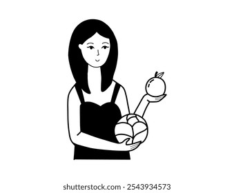 Woman sells natural and organic products, harvest trade in countryside. Young girl offers cabbage and apple. Fresh vegetables. Hand drawn vector cute illustration.