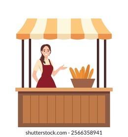 Woman sells pastries. Young woman with cherry cake. Homemade pastry and bakery products. Flat vector illustration isolated on white background