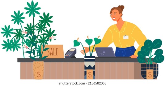Woman sells plants and flowers. Florist works in flower shop. Lady stands at checkout near counter with houseplants in flowerpots in store. Cultivation, floristry, floriculture, growing plants concept