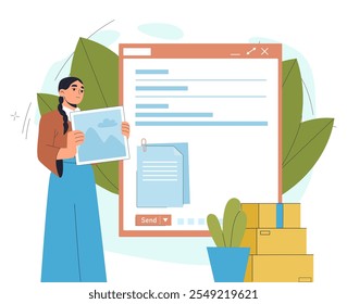 Mujer enviando archivos. Muchacha joven con la imagen cerca de la página del Sitio web. certificado Corporativa. Gerente y empresaria con correo electrónico. Ilustración vectorial plana aislada sobre fondo blanco