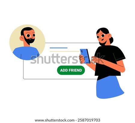 Woman Sending Friend Request In Flat Vector Illustration Symbolizing Online Social Connections, Networking, And Digital Communication, Isolated On White Background