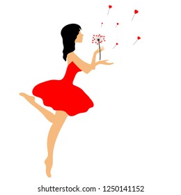 woman sending kiss and hearts celebrating Saint Valentine day. lady in a red dress is isolated on a white background. Girl blowing dandelion