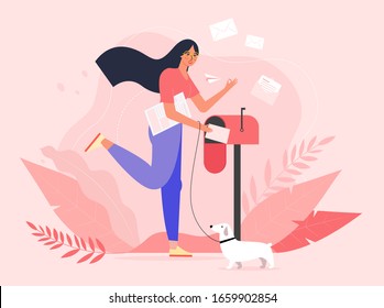 Woman sending a letter. Woman sending an email. Floral illustration. Dog illustration. Email marketing. Postbox. 