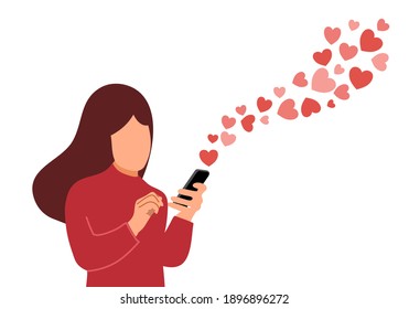 Woman sending love message via smartphone with flying hearts. Online dating app. Love chat with boyfriend.