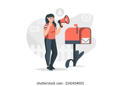 Woman sending message concept in flat design. Young girl with megaphone stands near mailbox. Email service, announcement and online correspondence. Vector illustration with people scene for web