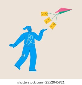 Woman sending paper plane with email. Sharing of information, news. Colorful vector illustration
