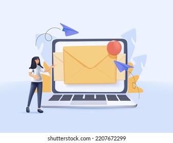 Woman sending receiving email on the laptop. Vector illustration 3D. Woman sending receiving business message in envelope vector. Cartoon female office employee working on mail. Communication contact