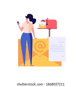 Woman is sending or receiving a letter from phone. Concept of subscribe newsletter, subscription, email subscribe, correspondence, contact us. Vector illustration in flat for UI, website, mobile app