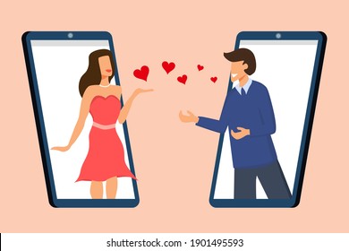 Woman sends kisses and hearts to a man via a smartphone. Online Valentines Day and love concept. Vector illustration in flat style. Copy space for design or text
