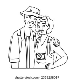 woman senior couple vacation vector. man happy, retirement love, male female woman senior couple vacation character. people black line illustration