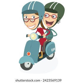 Woman and senior man driving a scooter. Vector Illustration.