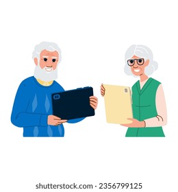 woman seniors using tablet vector. person home, technology adult, mature old woman seniors using tablet character. people flat cartoon illustration