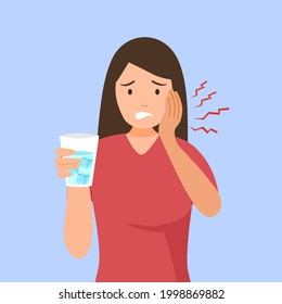 Woman with sensitive teeth and hand holding glass of cold water in flat design. Dental problem concept vector illustration.