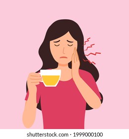 Woman with sensitive teeth and hand holding a cup of hot tea in flat design. Dental problem concept vector illustration.