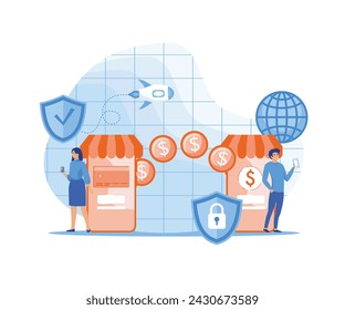 Woman sent, transfers money, coins from debit card, credit card, replenishment of balance, account on Internet. flat vector modern illustration 
