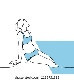 woman in a separate swimsuit sits by the pool with her feet in the water and dreamily raised her face up - one line drawing vector. concept summer poolside vacation