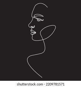 Ilustración vectorial de línea facial seria de la mujer. Arte de belleza de silueta minimalista, blanco y negro. Fondo negro. Dibujo de una línea.