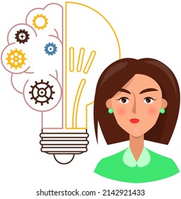 Woman with serious face near visual innovation scheme of data with light bulb. Big data visualization connection complex structure. Development of innovative technologies and creation of project idea