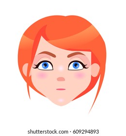 Woman serious face with pink cheeks and ideal eyebrows isolated on white background. Redhead girl avatar userpic in flat style design. Vector illustration of strong human emotion close up portrait