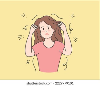 Problema de pérdida de pelo grave de la mujer para el champú de la atención de la salud y el diseño de productos de belleza, ilustración vectorial