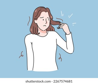 Woman serious hair loss problem for health care shampoo and beauty product concept, vector illustration