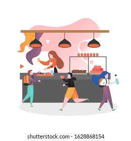 Woman serving food and drinks to schoolboy in school cafeteria, vector illustration. School canteen service concept for web banner, website page etc.