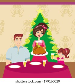 Woman serving his family a turkey 